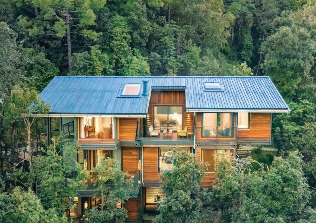 Aerial villa in pine forest