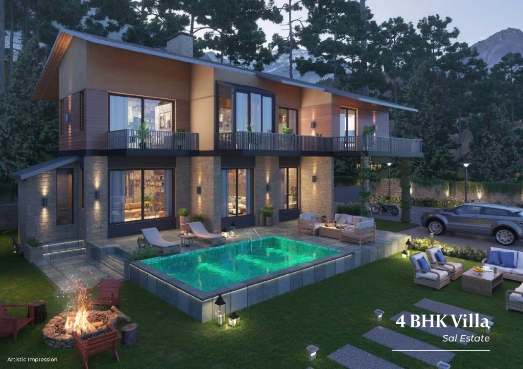 4 BHK Sal Estate villa at dusk with private pool at Terra Grande